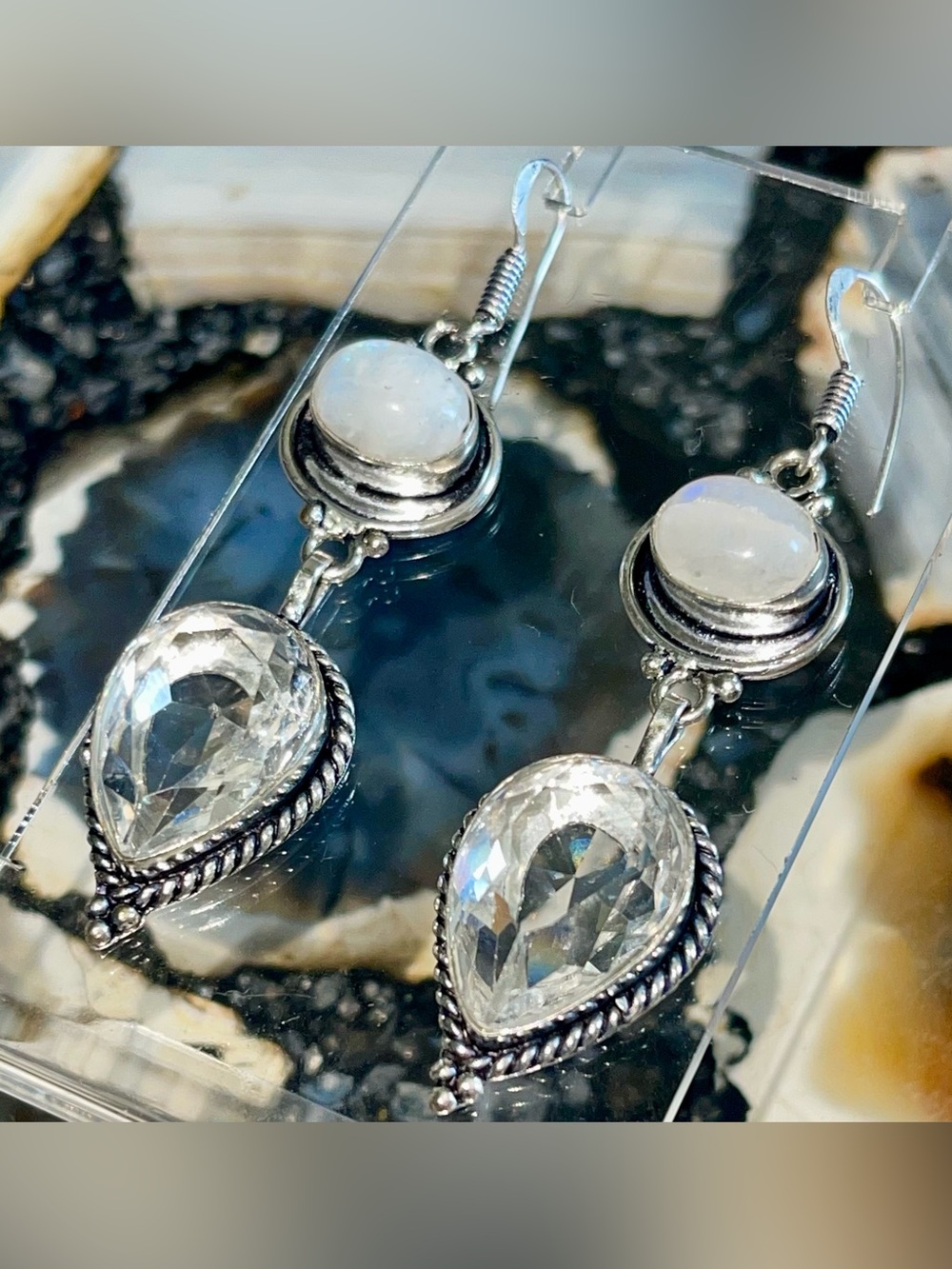 Rainbow Moonstone & Clear Glass Earrings 2 1/2”